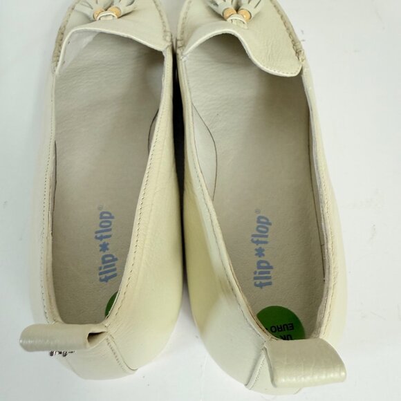 FlipFlop Cream Leather Tassel Loafers Size 8.5 Slip On Flat Stack Heel Casual - Picture 8 of 14